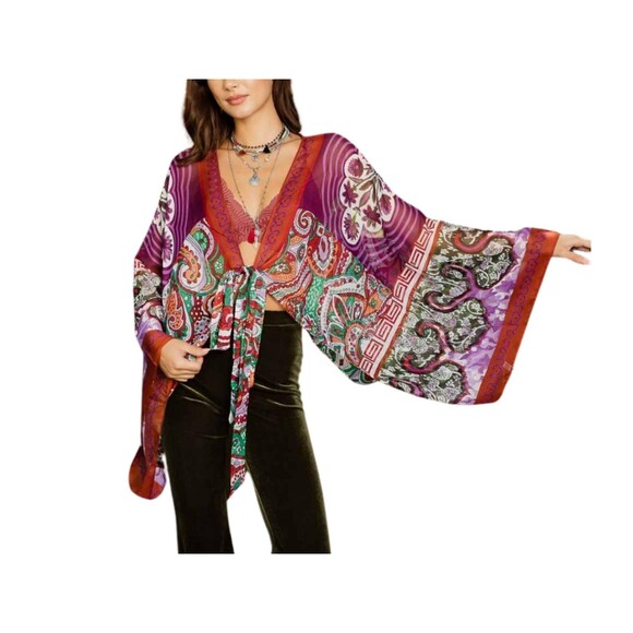 Boho Tie Front Wrap With Armholes Red Green Maroon  Layering Beach Scarf Shawl - Picture 1 of 3